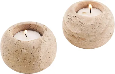 Productafbeelding van Kandelaar van marmer, 7,6 cm, travertijn, voor eettafel, middenstukken, set met 2 kleine theelichtjes voor bruiloften, geschenken en feestdecoraties
