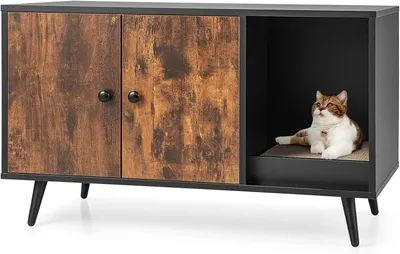 Produktbild von GOPLUS Katzenschrank, 2 in 1 Katzentoilette & Beistelltisch, mit Doppeltüren, Belüftungslöchern & Kratzbrett, Katzenmöbel aus Holz für Haustier für Wohnzimmer, Schlafzimmer, 90x50x54cm