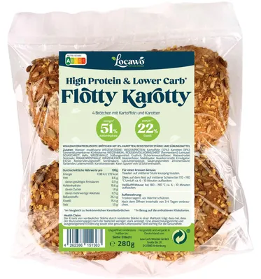 Produktbild von Locawo High Protein Low Carb Flotty Karotty Brötchen 280g