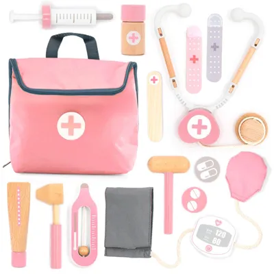 Produktbild von Mini Arztkoffer Kinder Spielset aus Holz mit Stethoskop Blutdruckmessgerät und mehr Doktorkoffer Spielzeug zum Rollenspiel 14-TLG Medizinische Kit Rosa