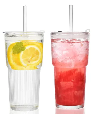 2er-Set Trinkgläser 600 ml mit Deckel & Glasstrohhalm