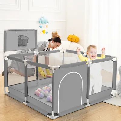 Produktbild von Comomy Baby Laufgitter 128 x 128 x 66 cm Laufgitter Barriere mit Basketball Korb, Atmungsaktives Mesh, Laufstall für Kinder, Farbe: Grau