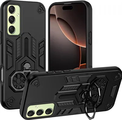 Produktbild von Hülle für Samsung Galaxy A16 Dual Layer PC TPU Militärqualität Stoßfest Rüstung Handyhülle mit Ring Metall Ständer Schwarz