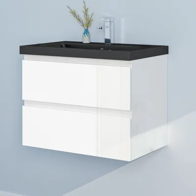 Produktbild von 60cm Badmöbel Set Waschtisch mit Unterschrank Gäste WC Hochglanz Weiß Waschbecken Mineralguss Schwarz