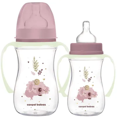 Two baby bottles with handles and koala illustrations, presented on a white background.
