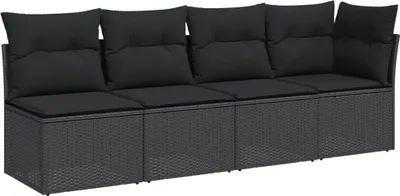 Produktbild von Gartensofa mit Kissen 4-Sitzer Schwarz Poly Rattan