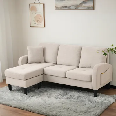 Produktbild von MODFU Ecksofa mit Chaiselongue – 3-Sitzer L-förmiges Sofa,Atmungsaktiver Baumwoll-Leinenstoff,Kunststoffbeine,Schlafsofa für Wohnzimmer,Büros,Beig