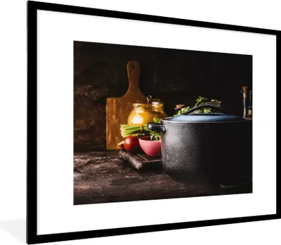 Produktbild von MuchoWow® Gerahmtes Poster Rustikal - Stilleben - Pfanne - Gemüse 80x60 cm - Poster mit Schwarzem Bilderrahmen Wandposter Rahmen Foto Bilder - Schlafzimmer-Dekorationen - Fotoposter