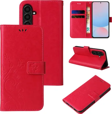 Produktbild von Handyhülle für Samsung Galaxy A56 5G Floral Blumen Schmetterling Flip Cover Hülle Case Klapphülle Handytasche Farbe: Rot