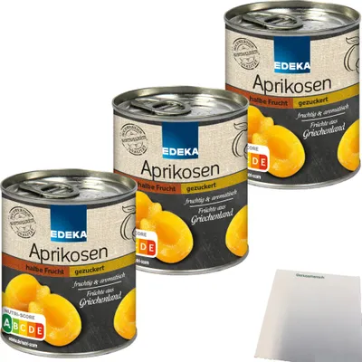 Produktbild von Edeka Aprikosen halbe Frucht gezuckert 3er Pack (3x225g Dose) + usy Block