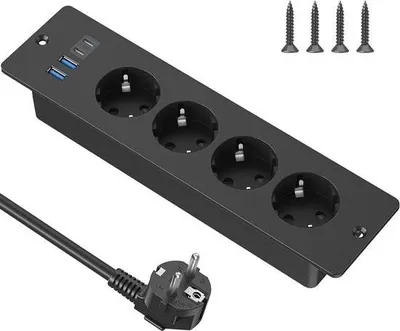 A black power strip with multiple outlets and USB ports, along with screws and a power cord, is displayed against a white background.