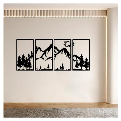Produktbild von Wanddekoration Berge aus Metall, 4 Stück Wandskulpturen, Metallkunst für Wohnzimmer, Schlafzimmer, Büro und Garten (Schwarz, 43 x 111 cm)