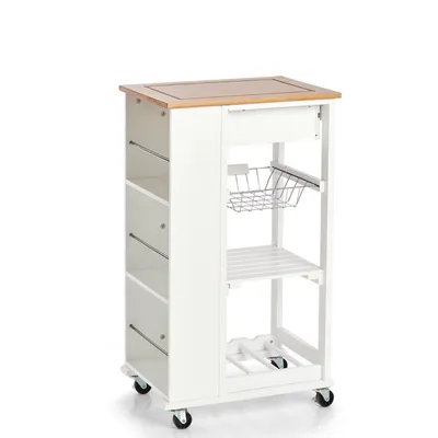 A white kitchen cart with a bamboo top and shelves, on a white background.