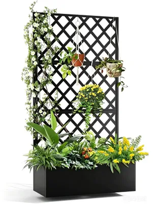 Productafbeelding van Verhoogde plantenbak - Metalen plantenbak met klimrek - 180 cm - Vierkant rasterpatroon - Privacy scherm - Drainagegaten - Zwart