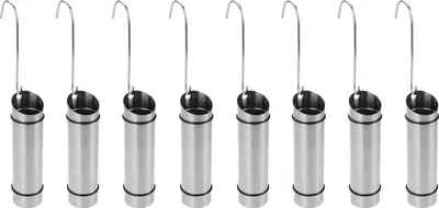 A set of eight identical stainless steel water evaporators for radiators, arranged in a row against a white background.