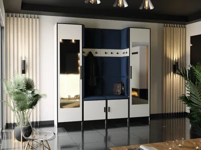 A modern entryway furniture set with a bench, coat hooks, storage cabinets, and mirrors.