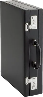 A black attaché case with combination locks and a handle is shown against a white background.