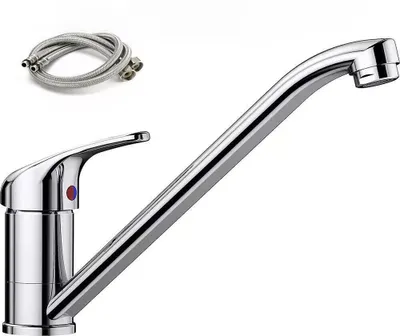 A chrome kitchen faucet and two flexible hoses on a white background.