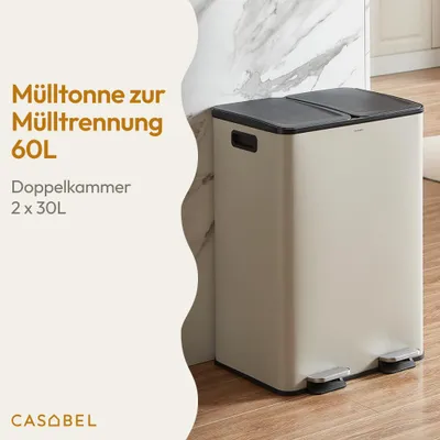 Produktbild von CASABEL Mülltrennung Mülleimer 60L, Küchenmülleimer 2x30L mit Pedal, fingerabdruckfreier Edelstahl, Doppelkammern, herausnehmbare Eimer, Griffe, leise Deckel, Grau