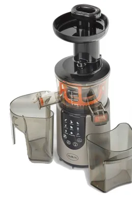 A juicer with two collection containers is shown against a white background.