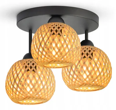 A three-headed ceiling lamp with woven bamboo shades.