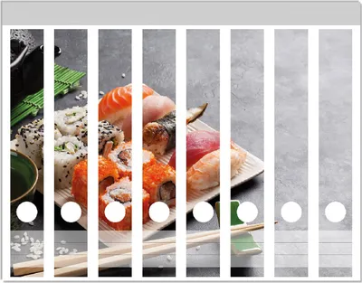 Produktbild von Wallario Ordnerrücken Sticker, selbstklebend für schmale Ordner, 8 Stück, Motiv Sushi-Menü mit grünem Tee