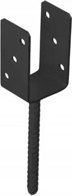 A black metal U-shaped post anchor with a ribbed spike for ground insertion.