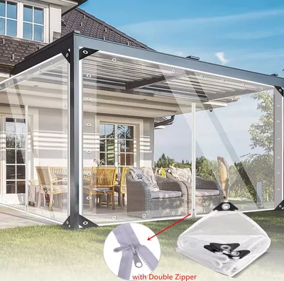 Obrázek produktu pro 2x4m průhledná plachta s oky 0,35 mm PVC nepromokavá plachta na ochranu před deštěm s 1 zipem, pro venkovní použití, zahradní nábytek, pavilon, venkovní balkon, přizpůsobitelná