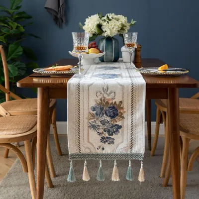 Immagine prodotto di Runner da tavolo in tessuto jacquard con frange, 32x300 cm, colore bianco