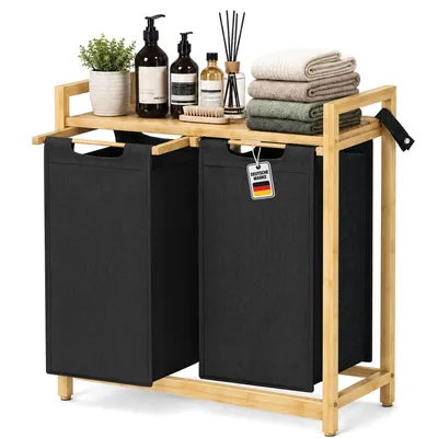 Image de Panier à linge Roxlin en bambou avec 2 compartiments, 100 litres – Double panier à linge de 50 litres avec sacs en tissu amovibles, structure en bambou robuste – Noir