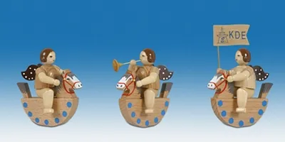 Produktbild von Holzfigur Engel 3tlg. auf Schaukelpferd mit Krone natur Höhe 6,5cm NEU