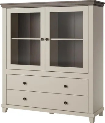 Produktbild von Wohnzimmer Highboard Vitrine in Beige mit Eiche, Landhausstil, 2 Türen, 2 Schubladen - EPSOM-83