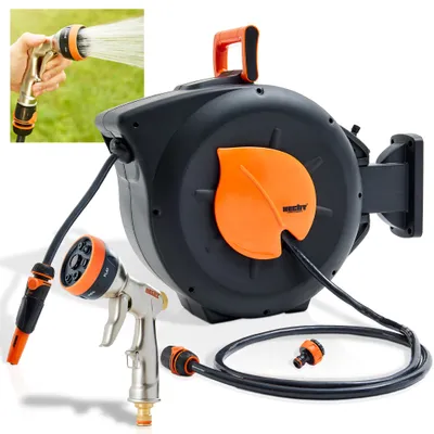 Produktbild von HECHT 08666 Wand Schlauchtrommel mti Spritzdüse | 20 m | Einzugautomatik | 1/2" & 3/4"