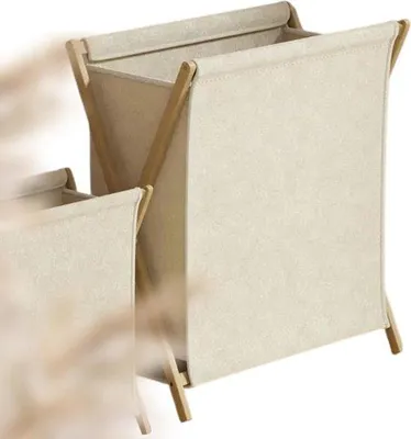 Productafbeelding van Unyqoos® Bamboe wasmand – smalle wasmand met 2 compartimenten en een uitneembaar katoenen binnenzak, geschikt voor kinderkamers en slaapkamers