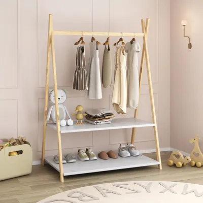 Produktbild von Kindergarderobe DANILO mit 1 Kleiderstange & 2 Ablageböden in natur/weiß - Montessori Möbel für Kinderzimmer, freistehende Garderobe aus Massivholz mit Ablage.
