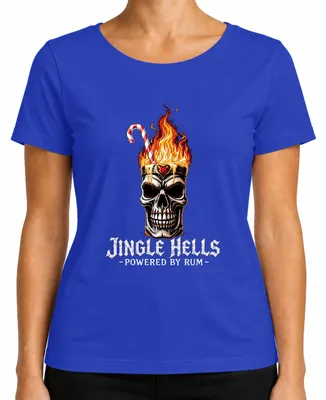 Produktbild von Jingle Hells Powered by Rum Totenkopf Flammen Weihnachten Skull Damen T-Shirt, Blau, 3XL