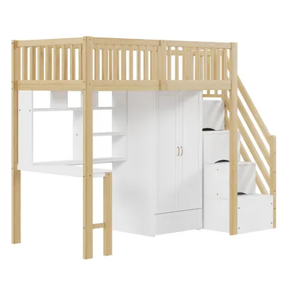 Produktbild von okwish Hochbett Stockbett 90x200cm mit Rausfallschutz und Stauraumleiter, HolzbettJugendbett mit Regal und Tisch, Kinderbett Bettgestell mit Kleiderschrank, Natur