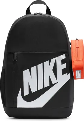 A black Nike backpack with a large white Nike logo on the front and an orange accessory pouch attached to the side.