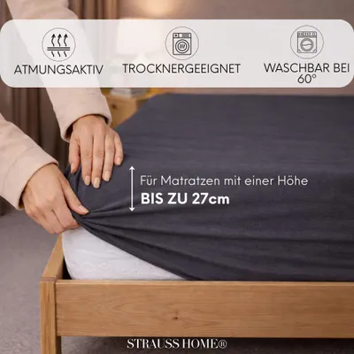 Produktbild von Strauss Home® Premium Spannbettlaken – 160 g/m² Gekämmte Baumwolle – Jersey in Hotelqualität – Formstabil & Langlebig – Rundumgummi – Für Matratzen bis 27 cm – 180x200-200x200 cm - Anthrazit