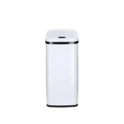A white automatic trash can with a black trim and lid is shown against a white background.