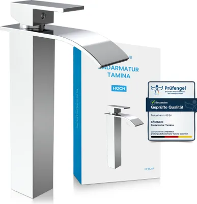 Produktbild von Bächlein Badarmatur, extra hoch, Wasserfall-Design, Einhebelmischer, Chrom, für Aufsatzwaschbecken, DVGW-geprüft, breiter Wasserstrahl, inkl. Montage-Set