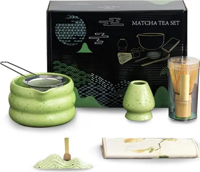 Produktbild von 7 Stück Matcha Set, Matcha Besen, Matcha Schale mit Ausgießer, Matcha Tee Set mit Zubehör für die traditionelle Matcha-Zeremonie Inklusive Matcha Bowl, Matcha Besen, Matcha Sieb und mehr,Grün