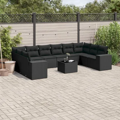 Produktbild von Design 11-tlg. Garten-Sofagarnitur mit Kissen Schwarz Poly Rattan, Gartenmöbel-Sets 2024 Neu