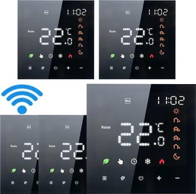A collage of smart thermostats displaying temperature and time, with a WiFi symbol.