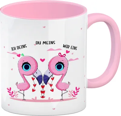 Produktbild von Flamingo Pärchen Kaffeebecher in rosa mit Spruch