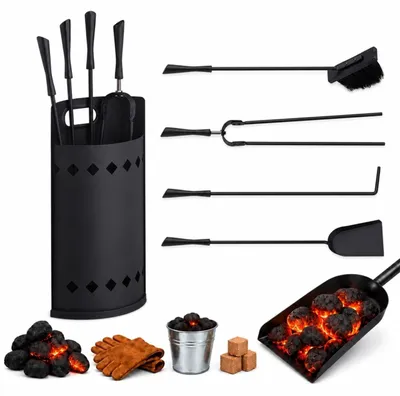 Produktbild von Relaxdays Kaminbesteck Set, 5 tlg., modern, Kamingarnitur mit Eimer, Schürhaken, Ascheschaufel, Besen & Zange, schwarz, KI-generiertes Bild