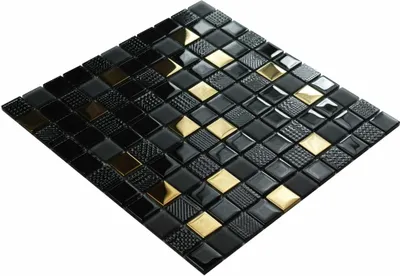 Produktbild von Schwarz-goldenes Glasmosaik „VOLCANO GOLD“Schwarze Mosaikfliese, glänzend schwarze Dekorfliese