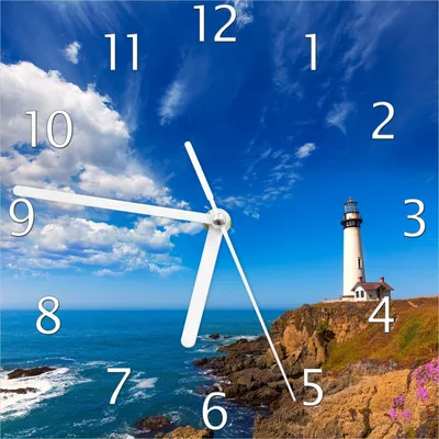 Produktbild von Wallario Design Wanduhr Leuchtturm auf einem Felsvorsprung - Blauer Himmel aus Echtglas, Größe 20 x 20 cm