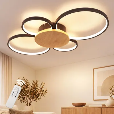 Obrázok produktu pre ZMH LED stropné svietidlo, 4 žiarovky, kruhový dizajn, vzhľad dreva, matná čierna farba, stmívateľné, s diaľkovým ovládaním, vnútorné osvetlenie, lampa do obývačky, vhodná aj do spálne a kuchyne