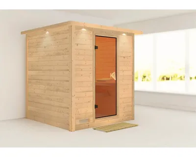 Produktbild von Massivholzsauna Karibu Wojave ohne Ofen mit Dachkranz und bronzierter Ganzglastüre